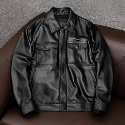 Retro Kaji style black PU leather jacket with lapel, loose fit, on a middle-aged male model.