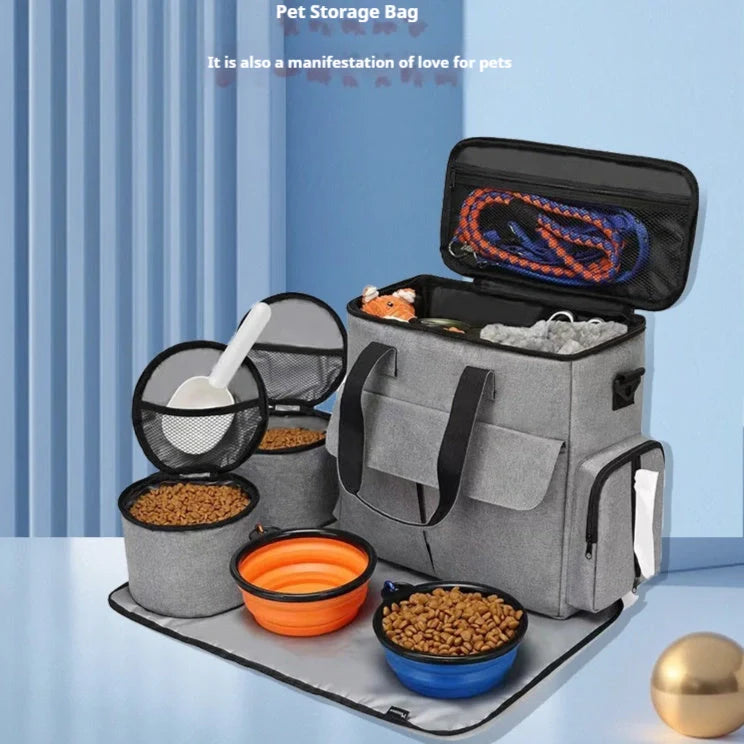 Gray dog travel bag kit with removable divider and multiple carrying options