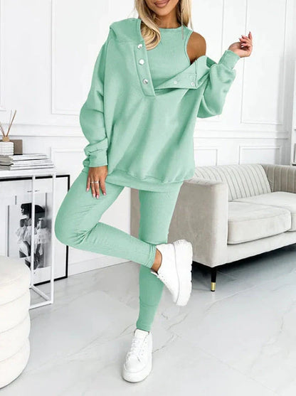 Women's 3-piece sports suit with hooded sweatshirt, vest, and slim trousers in various colours