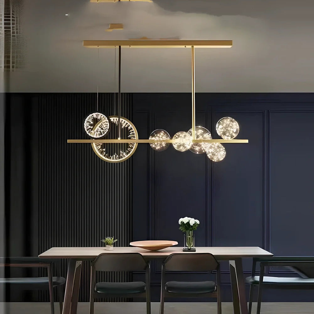 Modern glass chandelier with remote control and adjustable height setting for living room lighting