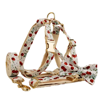 Red cherry printed dog collar with light gold buckle and matching leash, bow, vest and poop bag holder set