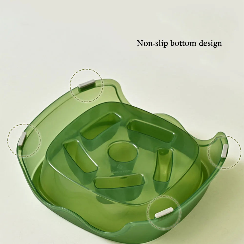 Blue plastic anti-choke slow feeder bowl for dogs on a floor