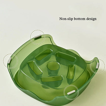Blue plastic anti-choke slow feeder bowl for dogs on a floor