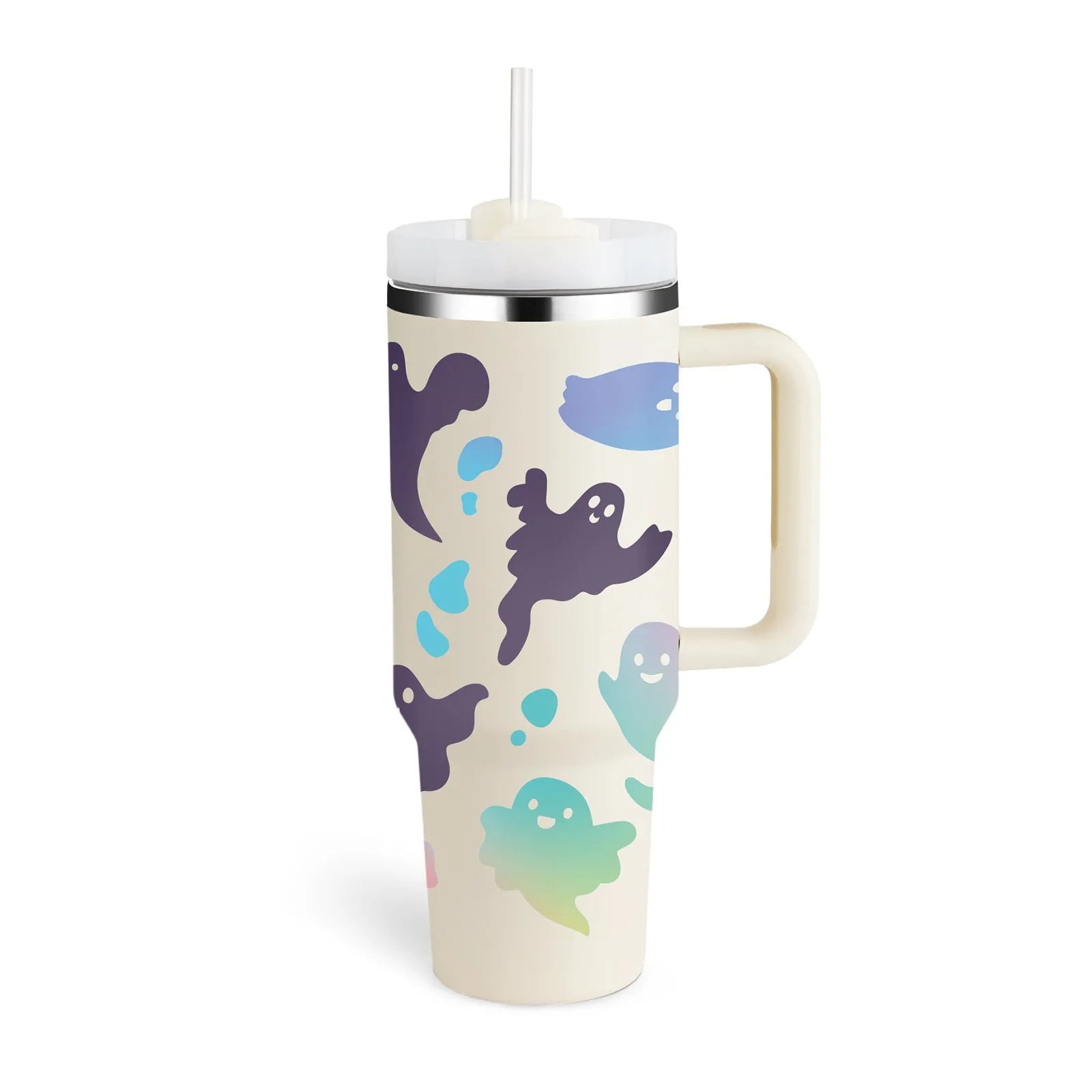40oz stainless steel tumbler with handle and straw in various colour options showing tapered shape and spill-proof lid