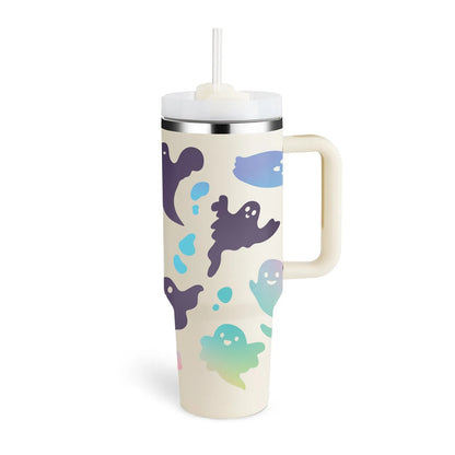 40oz stainless steel tumbler with handle and straw in various colour options showing tapered shape and spill-proof lid