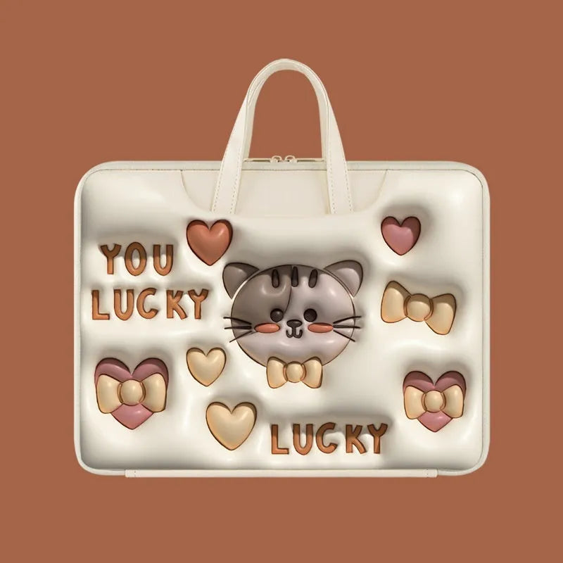 Inflatable laptop bag in PU leather with suitcase attachment strap and cute panda design print