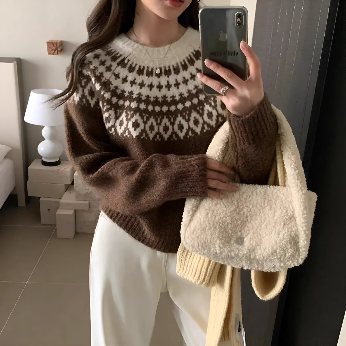Round neck Christmas knitwear top in brown, red, or black with geometric pattern, long sleeves, loose fit, and 50cm length