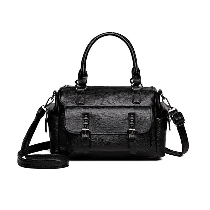 Vintage style messenger bag in PU leather with contrast stitching, horizontal square shape, shown in multiple colour options