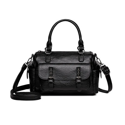Vintage style messenger bag in PU leather with contrast stitching, horizontal square shape, shown in multiple colour options