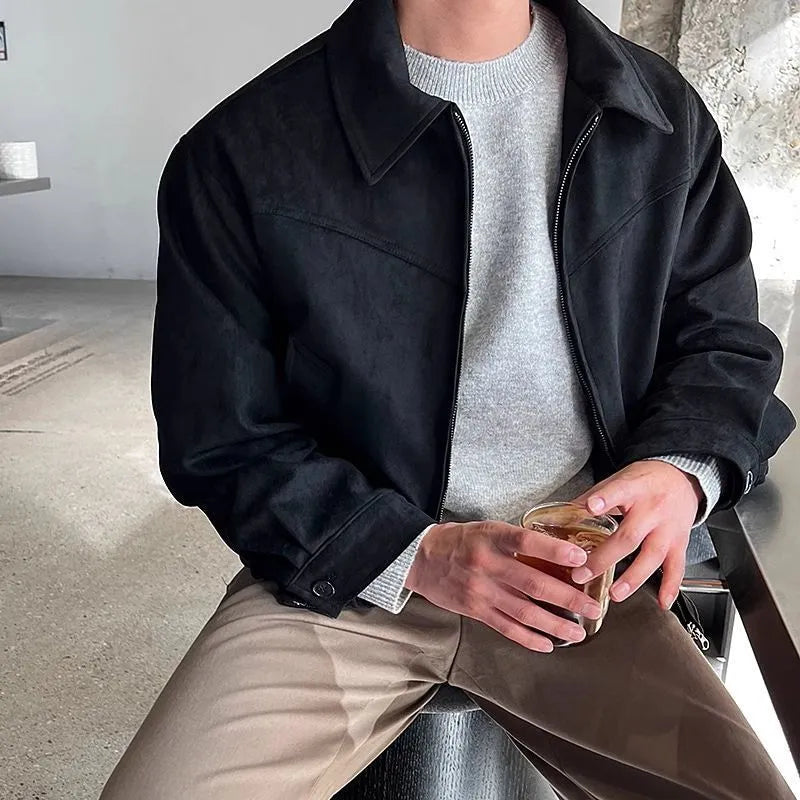 Loose lapel short suede jacket in brown or black, Hong Kong style, unhooded, sizes M to 2XL