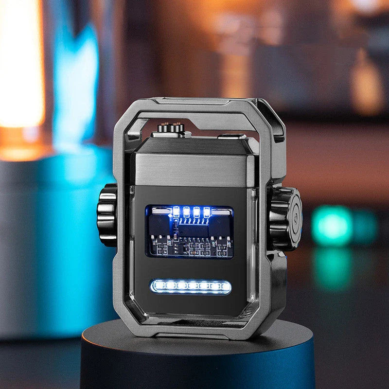 Rechargeable dual-arc windproof lighter with gyroscope decompression mechanism, available in multiple colors