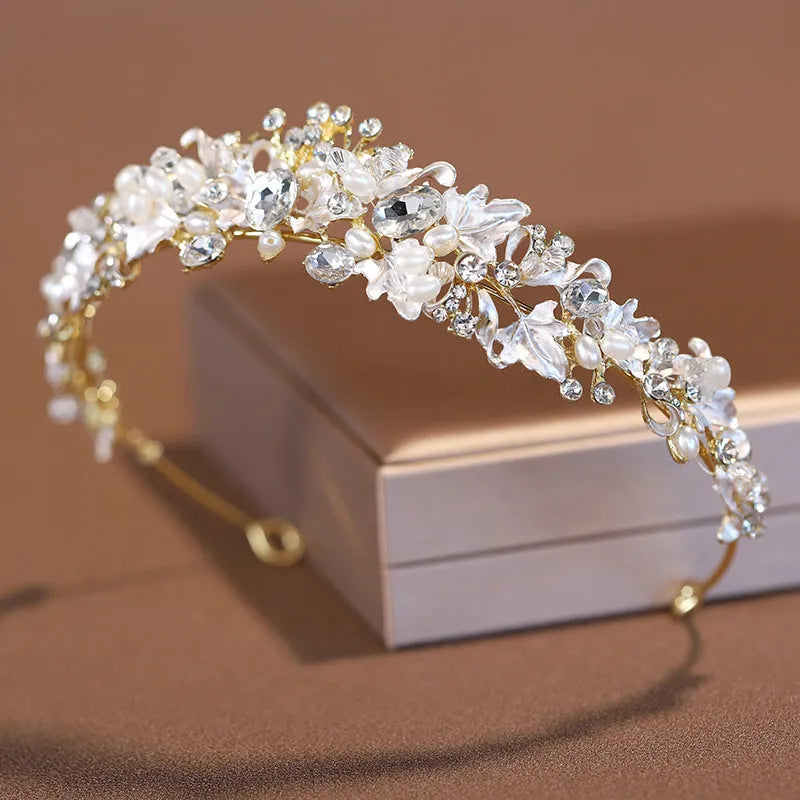 Women's electroplated pearl crown headdress in gold or silver colour for weddings