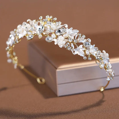 Women's electroplated pearl crown headdress in gold or silver colour for weddings