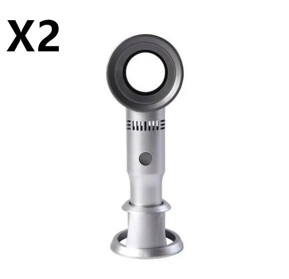 Portable bladeless fan with USB cable and base, showing compact design and bladeless airflow