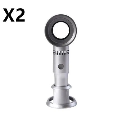 Portable bladeless fan with USB cable and base, showing compact design and bladeless airflow