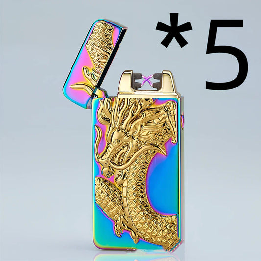 USB charging windproof metal lighter in Ice Golden Dragon design, 73.5x35x13mm compact size for reliable flame