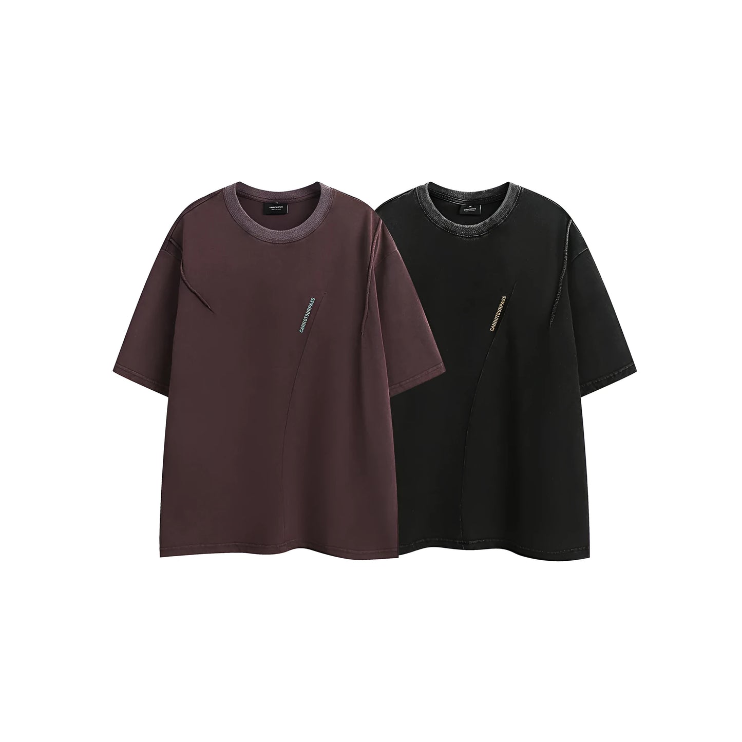 Purple loose-fit embroidered short-sleeve cotton t-shirt on a hanger, retro style.
