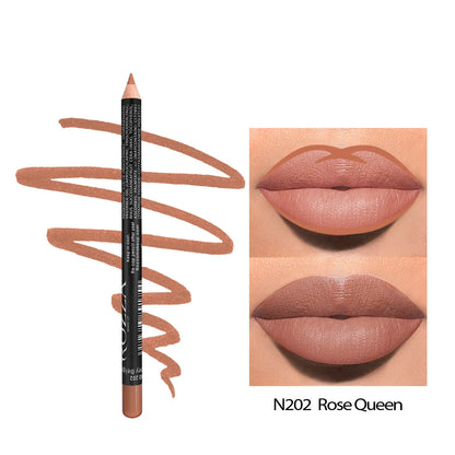 Matte finish lip liner pencil shown in a case, with 14 shade options from 201 to 214 for lip contouring.