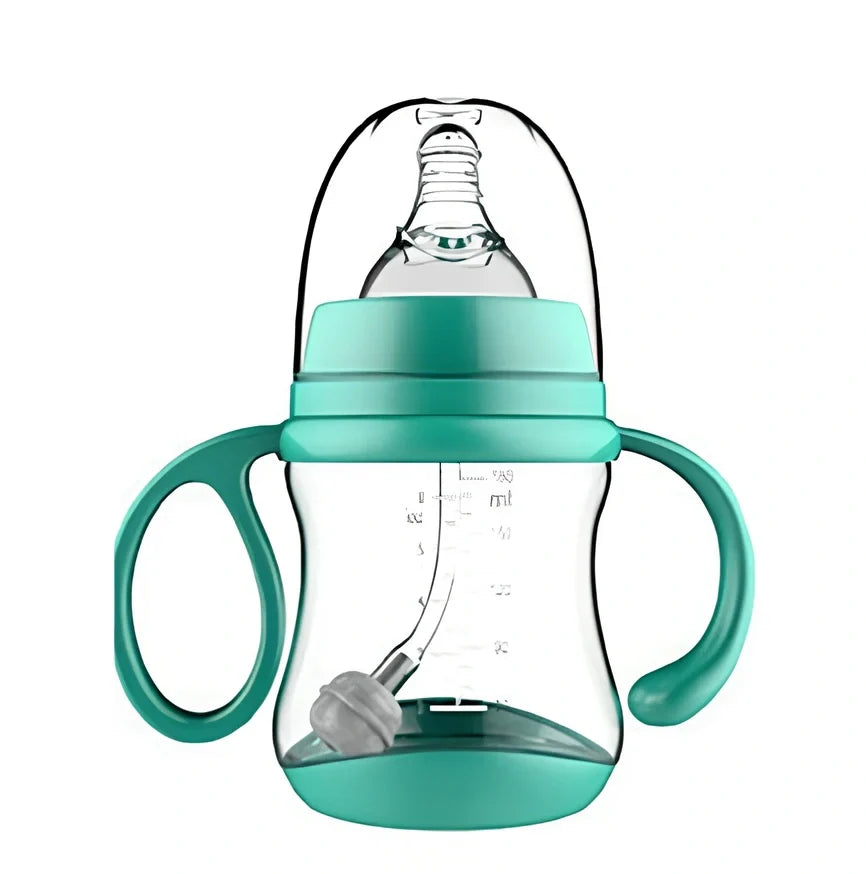 Blue PP baby feeding bottle with curved handles, 240mL capacity, wide calibre, transparent BPA-free design for easy cleaning