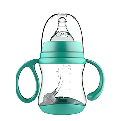 Blue PP baby feeding bottle with curved handles, 240mL capacity, wide calibre, transparent BPA-free design for easy cleaning