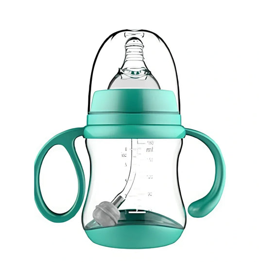 Blue PP baby feeding bottle with curved handles, 240mL capacity, wide calibre, transparent BPA-free design for easy cleaning