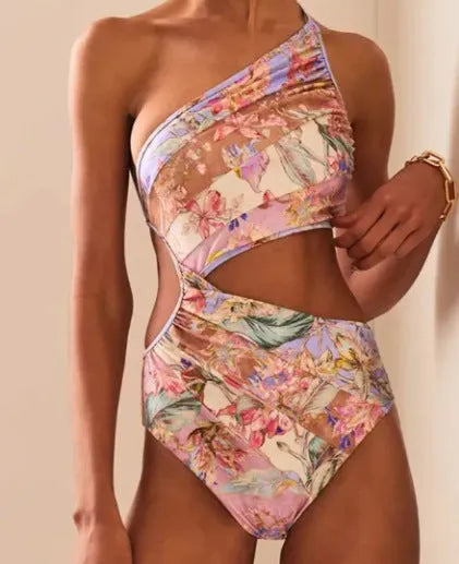 Rose gold patterned women's swimsuit on a white background