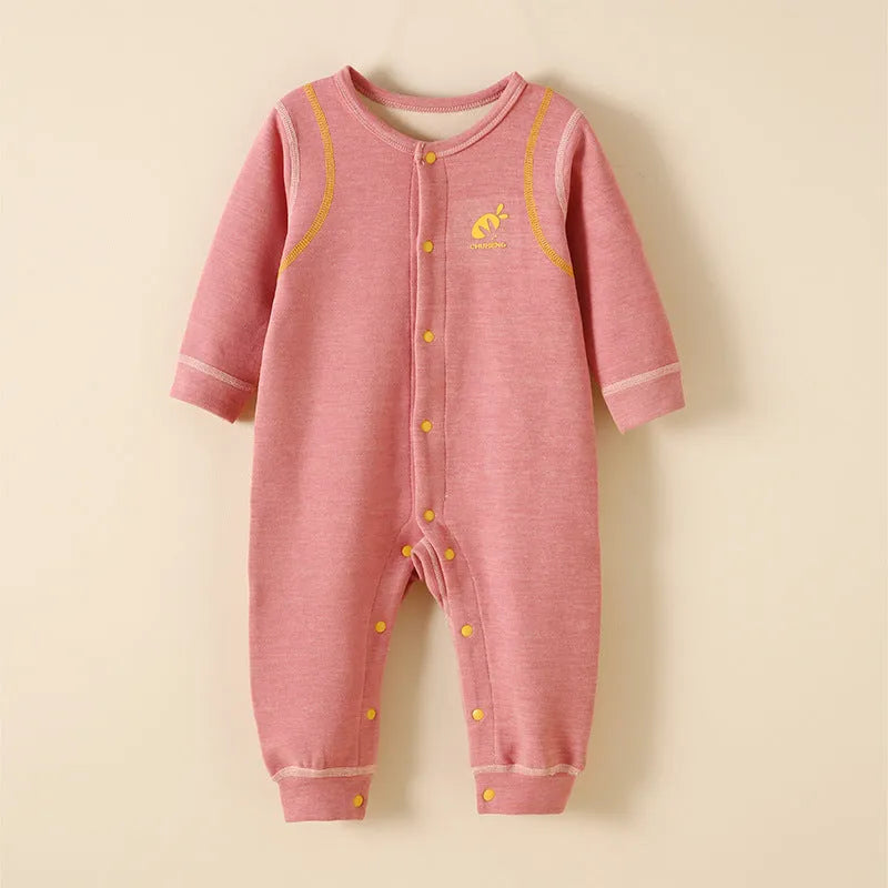 Baby plus velvet warm jumpsuit in polyester, long sleeve, single-breasted, available in six colours and five heights.
