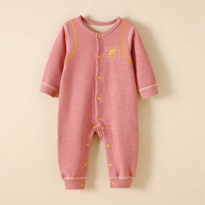 Baby plus velvet warm jumpsuit in polyester, long sleeve, single-breasted, available in six colours and five heights.