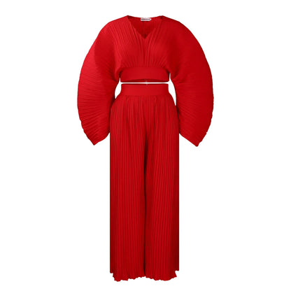 African suit two-piece set with batwing sleeve top and wide leg trousers in sapphire blue