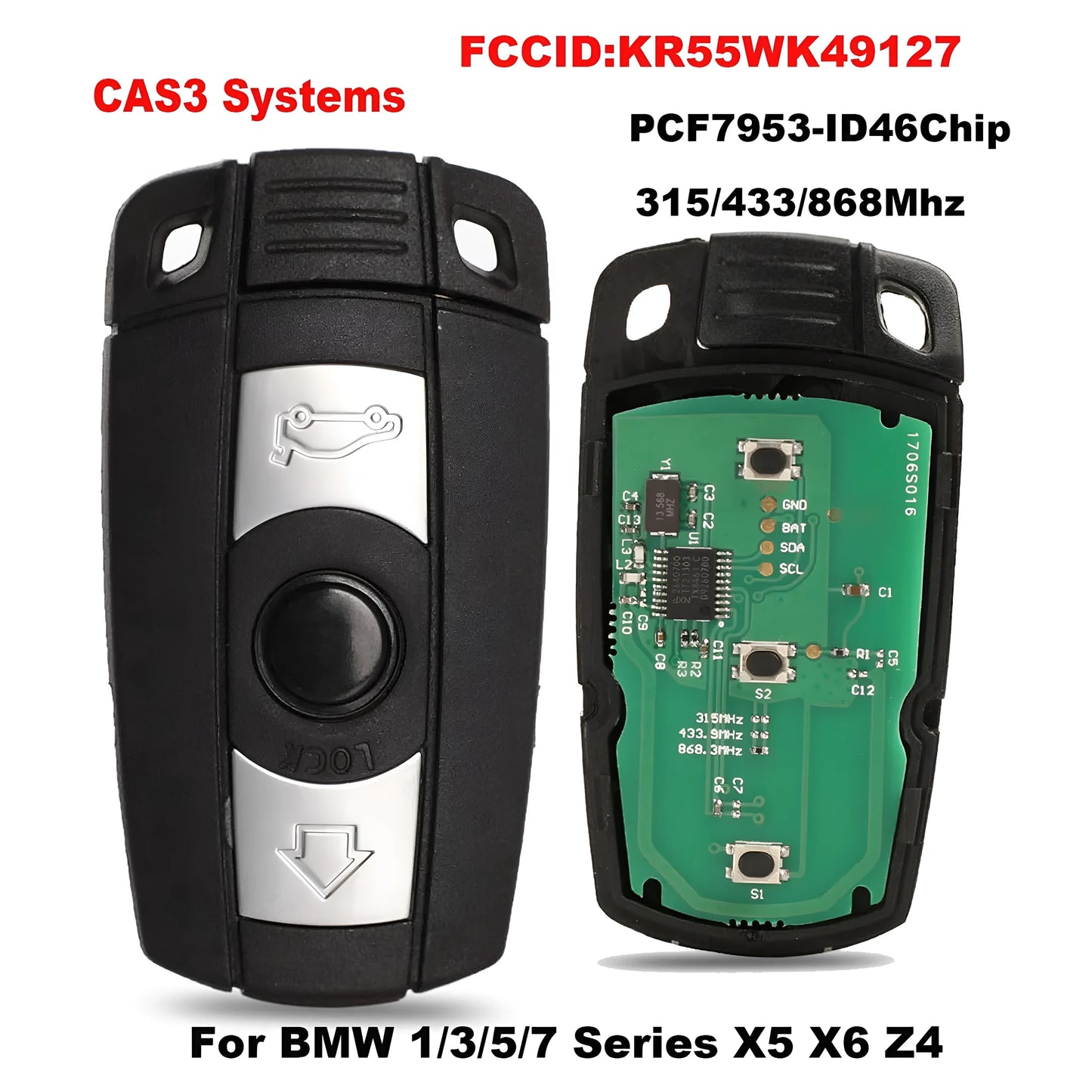 CAS3 BMW replacement car key fob with three buttons and a blank metal blade.