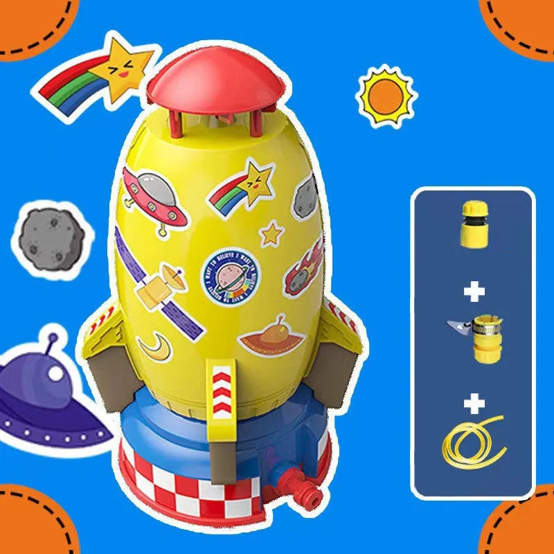 Yellow outdoor water pressure rocket launcher toy for kids on a green lawn.