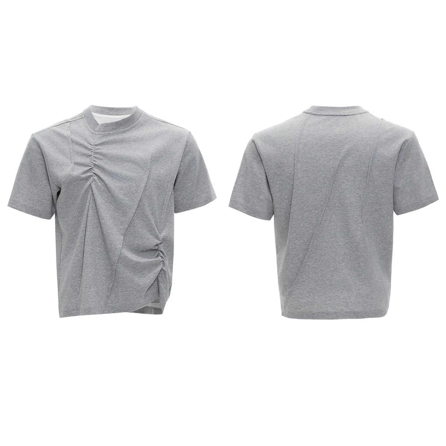 Men's loose fit black cotton T-shirt with textured pleats and asymmetric stitching detail.