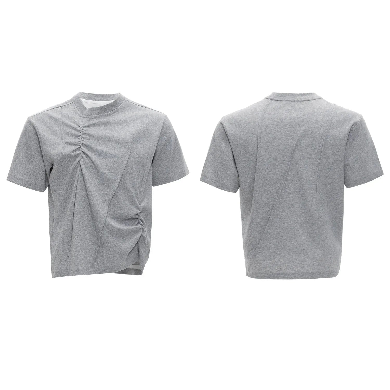 Men's loose fit black cotton T-shirt with textured pleats and asymmetric stitching detail.