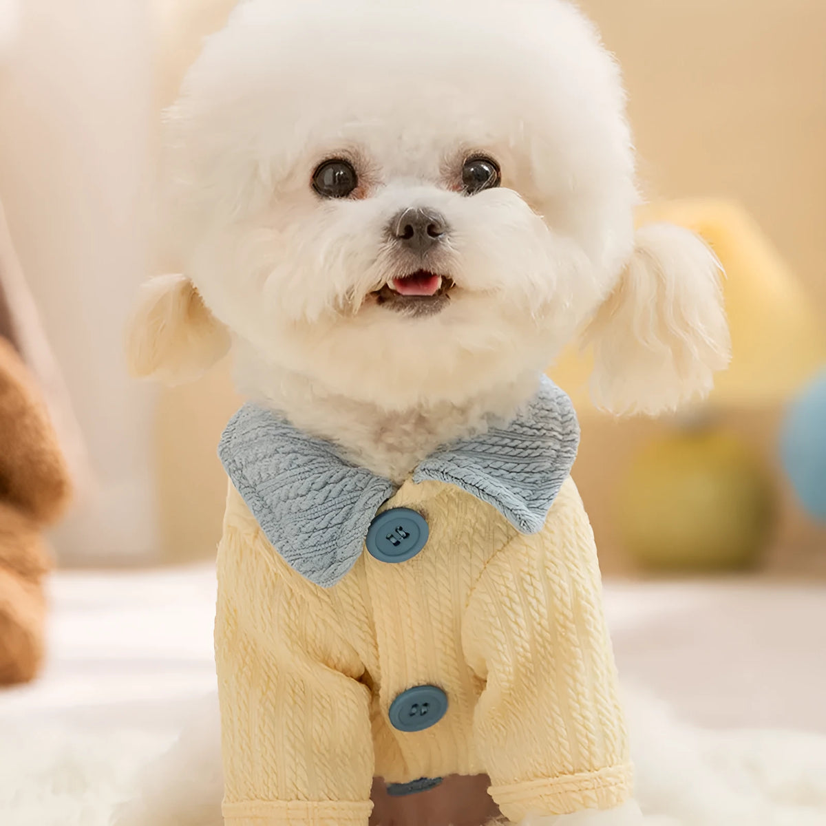 Yellow two-legged dog shirt with bow tie collar for small and medium dogs, sizes XS-XXL