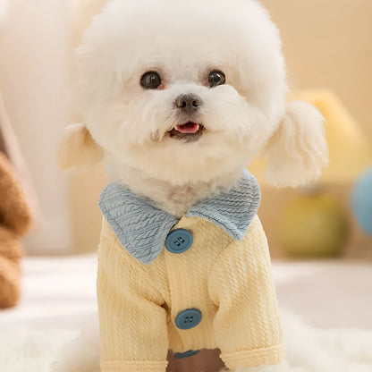 Yellow two-legged dog shirt with bow tie collar for small and medium dogs, sizes XS-XXL