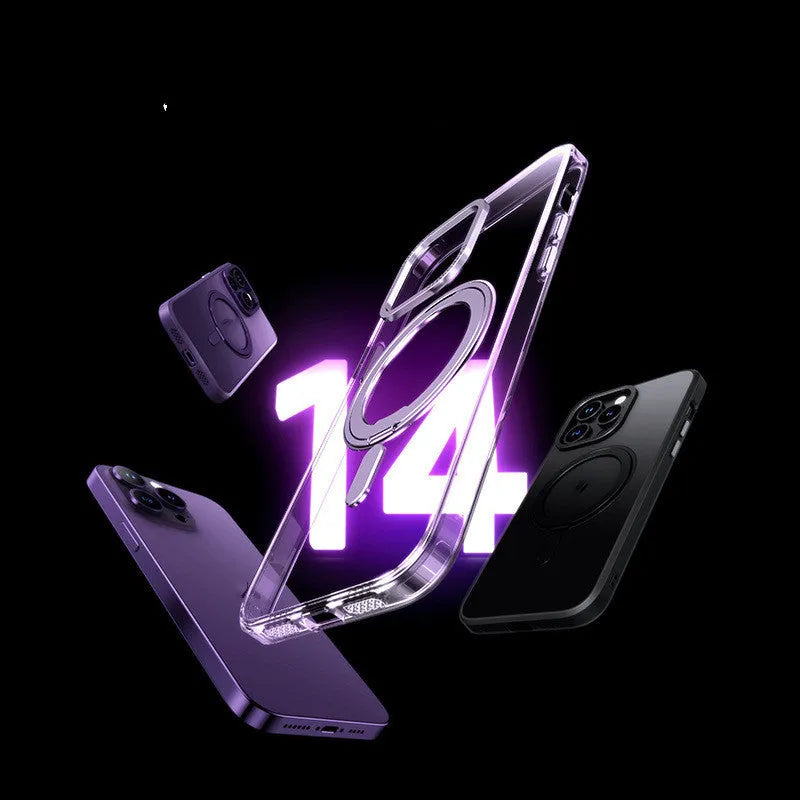 Transparent magnetic shockproof iPhone case showing integrated magnet ring and clear protective design