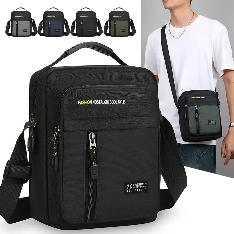 Men's casual nylon messenger bag in four colour options showing shoulder strap and visible sewing thread detailing
