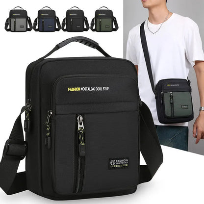 Men's casual nylon messenger bag in four colour options showing shoulder strap and visible sewing thread detailing