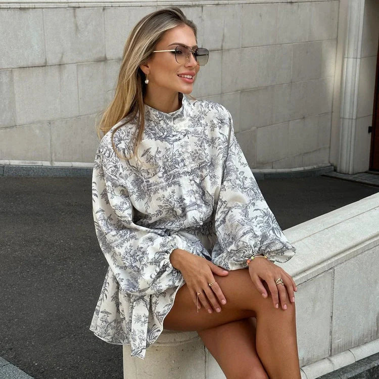 Stylish women's ink print A-line dress with puffy sleeves and lapel tie in various colours