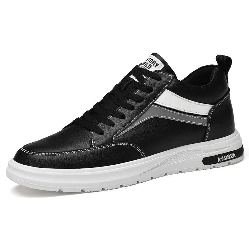 Men's white and black low-top casual sneakers with round toe and lace-up front, showcasing sewing line detail.