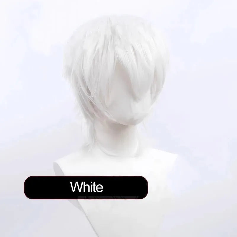 Short-length anime cosplay wig in high-temperature fibre on a stand.