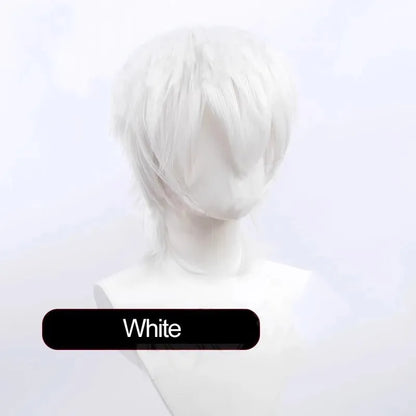 Short-length anime cosplay wig in high-temperature fibre on a stand.