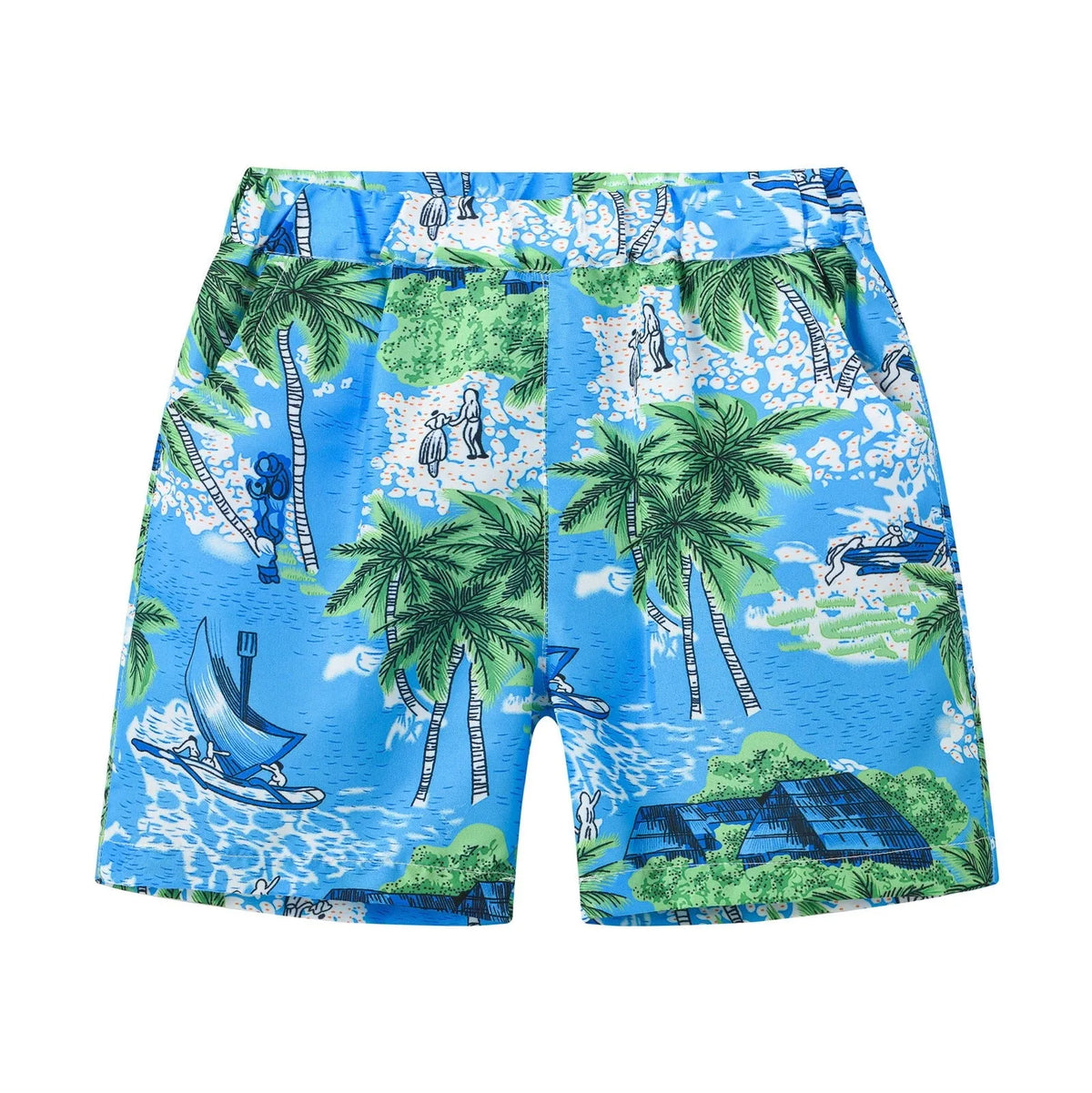 Multi-colour printed beach shorts with hairband belt on a mid-waist, shown in a casual summer style.