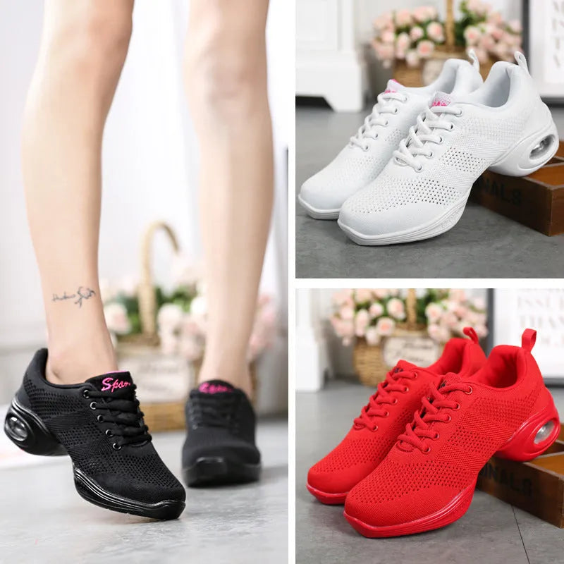 Women's breathable fly woven mesh dancing shoes in a light colour with a soft PU sole.