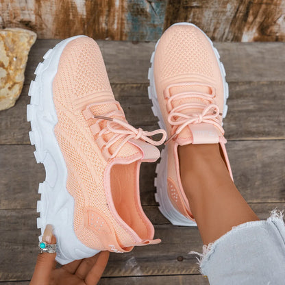 Women's Flyknit mesh casual sports shoes with flat heel and round toe in multiple colours