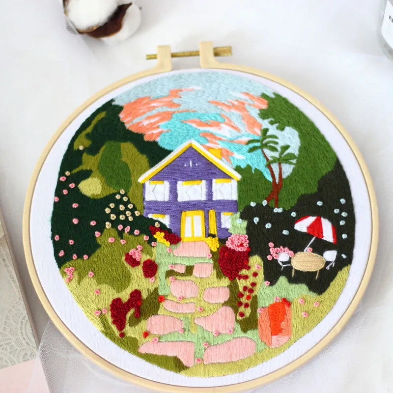 20cm European landscape embroidery kit on cotton cloth with villa and courtyard patterns