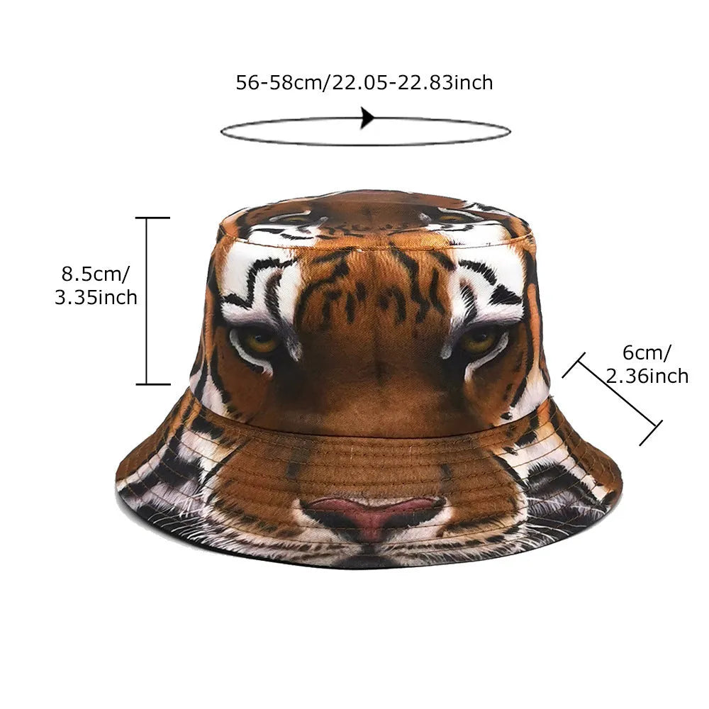 Tiger pattern bucket hat in polyester fabric with dome crown, khaki and black camouflage options