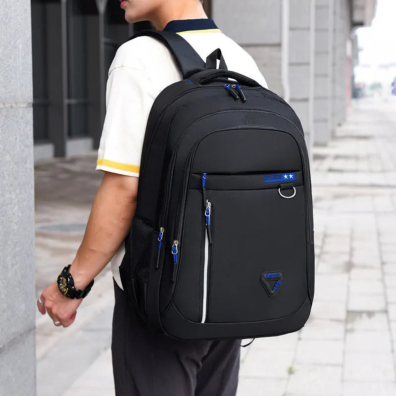 Men's large capacity Oxford cloth schoolbag with air pillow belt system in black colour with letter pattern detail