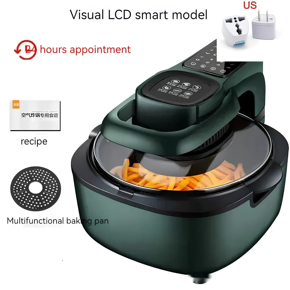 Green 6L air fryer with touch controls, 335x325x295mm dimensions, 1500W power for family cooking