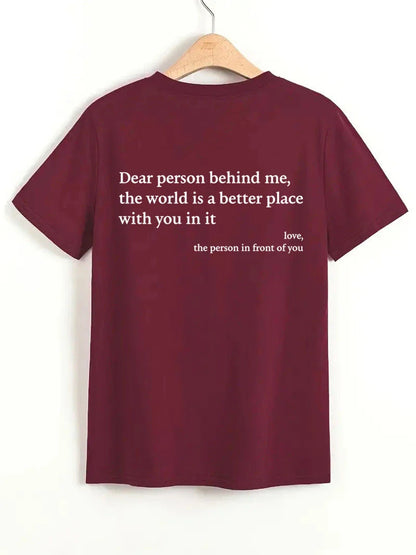 Stylish women's graphic t-shirt with trendy slogan, featuring a vibrant print design and comfortable short sleeve silhouette.